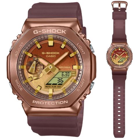 CASIO 卡西歐 G-SHOCK 沙漠越野 金屬錶殼霧面半透明 八角形雙顯錶-古銅金(GM-2100CL-5A)