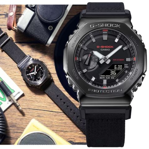 CASIO 卡西歐 G-SHOCK 金屬錶殼 休閒編織錶帶 八角形雙顯錶-黑色(GM-2100CB-1A)