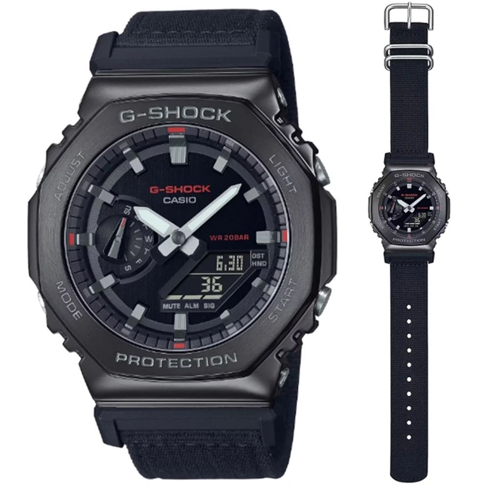 CASIO 卡西歐   G-SHOCK 金屬錶殼 休閒編織錶帶 八角形雙顯錶-黑色(GM-2100CB-1A)