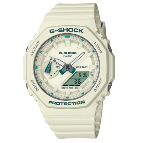【CASIO 卡西歐】G-SHOCK 簡約輕薄 現代綠時尚 百搭米白 八角形錶殼 GMA-S2100GA-7A_42.9mm