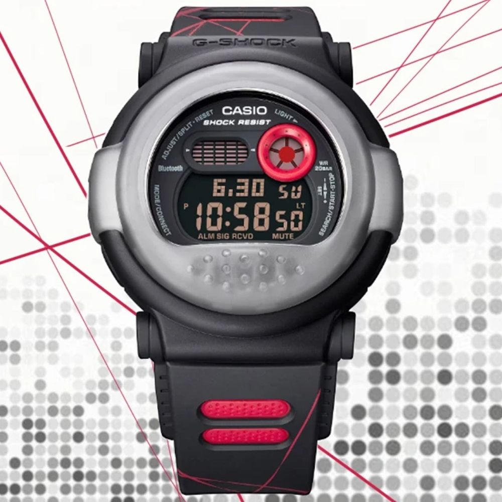 CASIO 卡西歐  G-SHOCK 智慧藍芽 雙錶圈設計數位電子錶-黑紅 (G-B001MVA-1 防水200米)