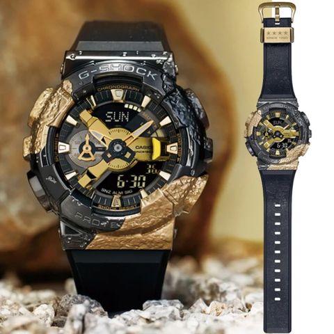 CASIO 卡西歐 G-SHOCK 40周年 冒險者寶石系列 金屬殼圓形雙顯錶-方解石黑金 (GM-114GEM-1A9 防水200米)