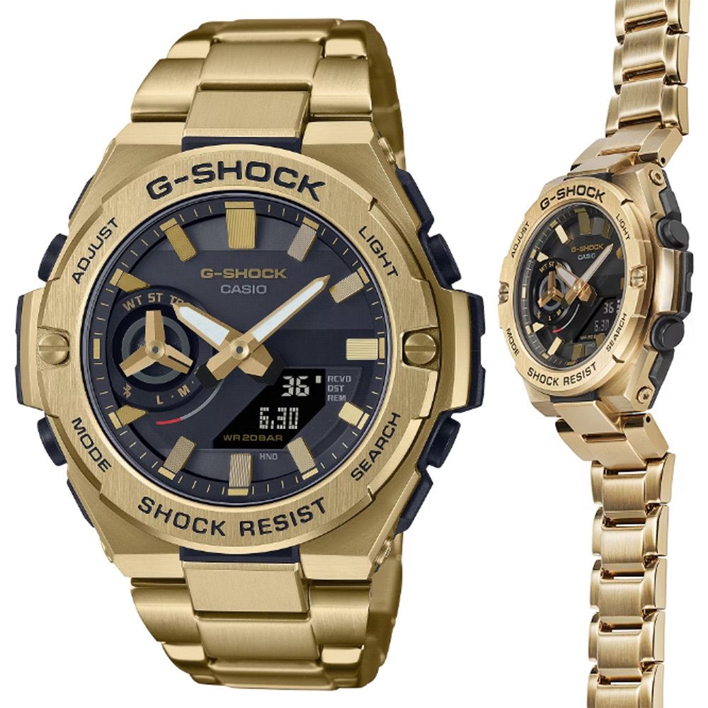 CASIO卡西歐G-SHOCK 太陽能智慧藍芽不鏽鋼雙顯錶-金色(GST-B500GD-9A