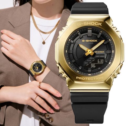 CASIO 卡西歐 G-SHOCK WOMEN 金屬錶殼 八角形雙顯錶-黑金(GM-S2100GB-1A 防水200米)