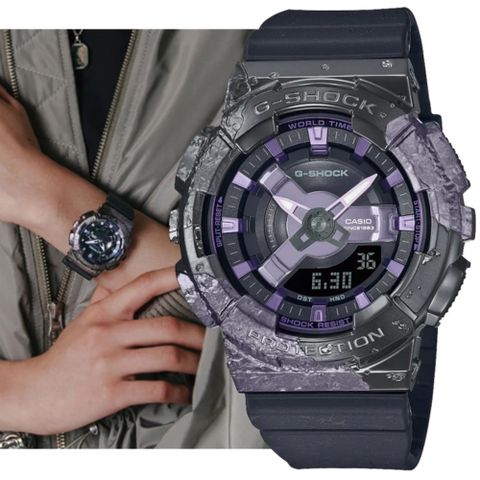 CASIO卡西歐 G-SHOCK 40周年 冒險者寶石系列 金屬殼圓形雙顯錶-方解石黑紫(GM-S114GEM-1A2 防水200米)