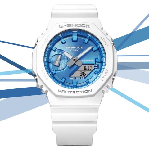 ITZY彩領配戴款CASIO 卡西歐 G-SHOCK 閃耀冬季金屬色彩 八角形雙顯錶-亮藍(GA-2100WS-7A)
