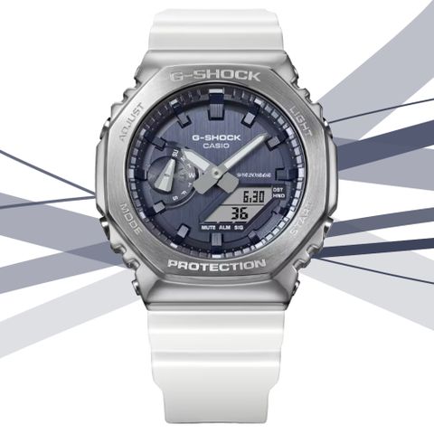 ITZY留真配戴款CASIO 卡西歐 G-SHOCK 閃耀冬季金屬色彩 金屬錶殼八角形雙顯錶-銀藍(GM-2100WS-7A)