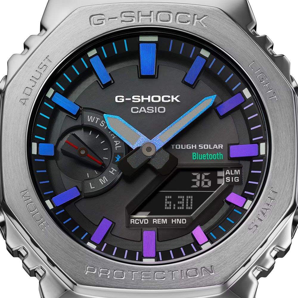 CASIO 卡西歐G-SHOCK 彩虹光譜太陽能智慧藍芽全金屬雙顯錶-銀(GM