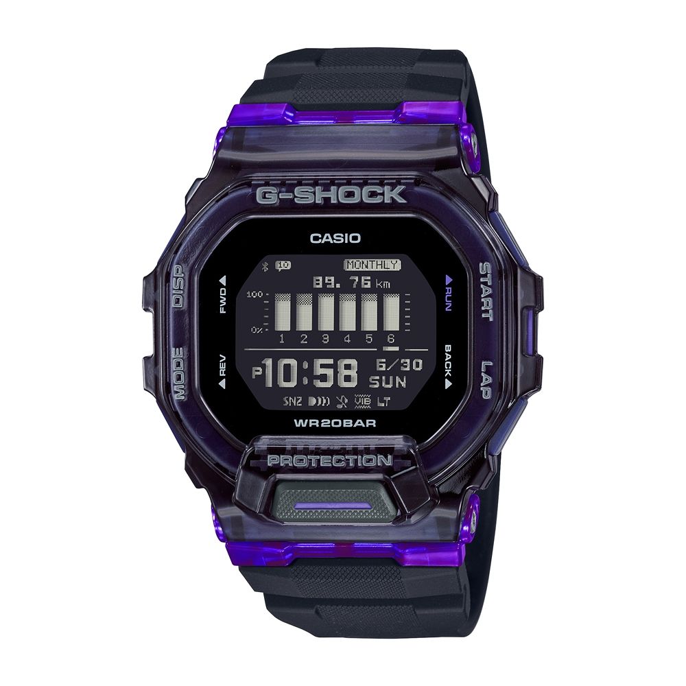 CASIO 卡西歐 G-SHOCK 藍牙 半透明 黑x紫 經典方型 運動系列 GBD-200SM-1A6_45.9mm