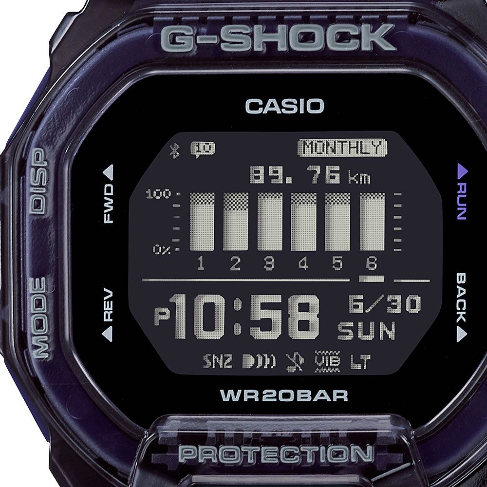 CASIO 卡西歐 G-SHOCK 藍牙 半透明 黑x紫 經典方型 運動系列 GBD-200SM-1A6_45.9mm