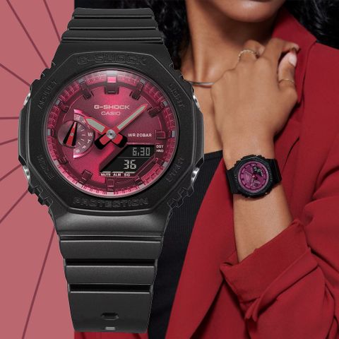 CASIO 卡西歐 G-SHOCK WOMEN 金屬光澤質感 黑紅八角形雙顯錶(GMA-S2100RB-1A 防水200米)