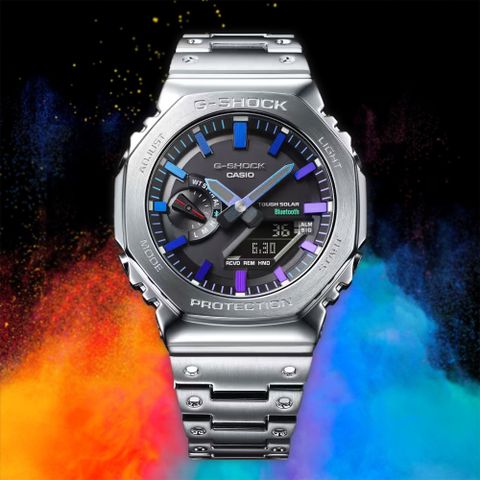 熱銷品牌▼日系手錶CASIO 卡西歐 G-SHOCK 八角農家橡樹全金屬彩虹光譜太陽能藍芽雙顯手錶-百搭銀 GM-B2100PC-1A