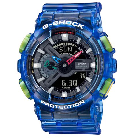 【CASIO 卡西歐】G-SHOCK 懷舊復古 電玩風格 半透明 光透藍 GA-110JT-2A_51.2mm