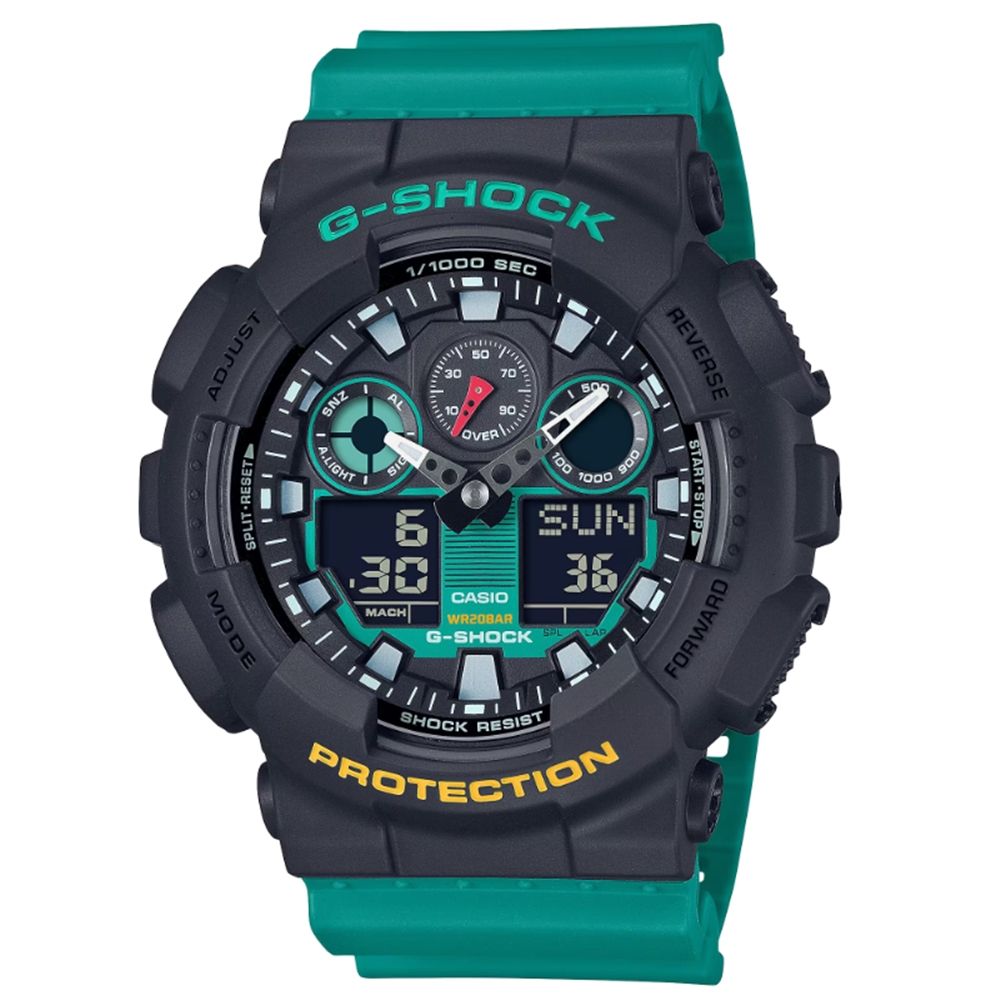 CASIO 卡西歐 G-SHOCK 錄音帶繽紛標籤方形時尚潮流電子錶 黑綠 GA-100MT-1A3_51.2mm