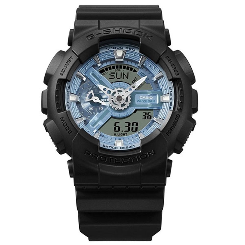 CASIO 卡西歐 G-SHOCK 經典酷黑 獨特百搭 耀眼冰藍 人氣雙顯 GA-110CD-1A2_51.2mm