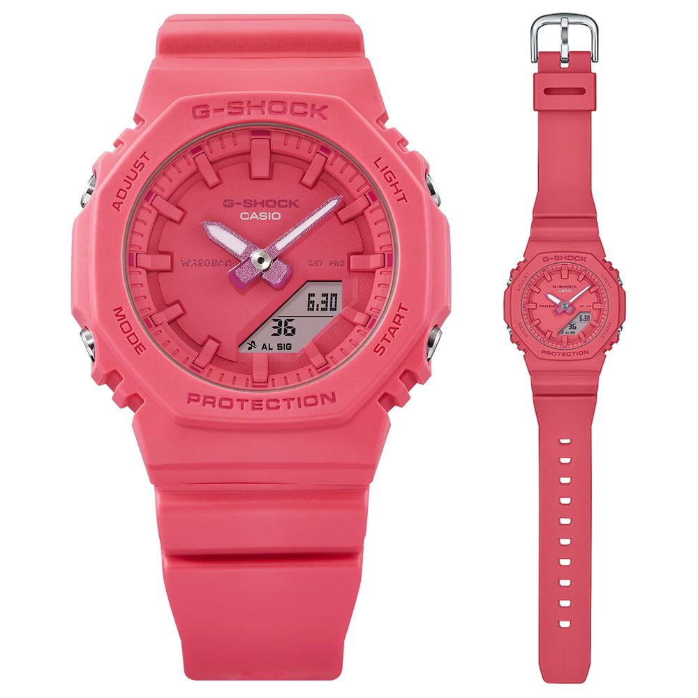 CASIO 卡西歐   G-SHOCK WOMEN x ITZY 纖薄八角形雙顯錶-亮粉 GMA-P2100-4A 防水200米