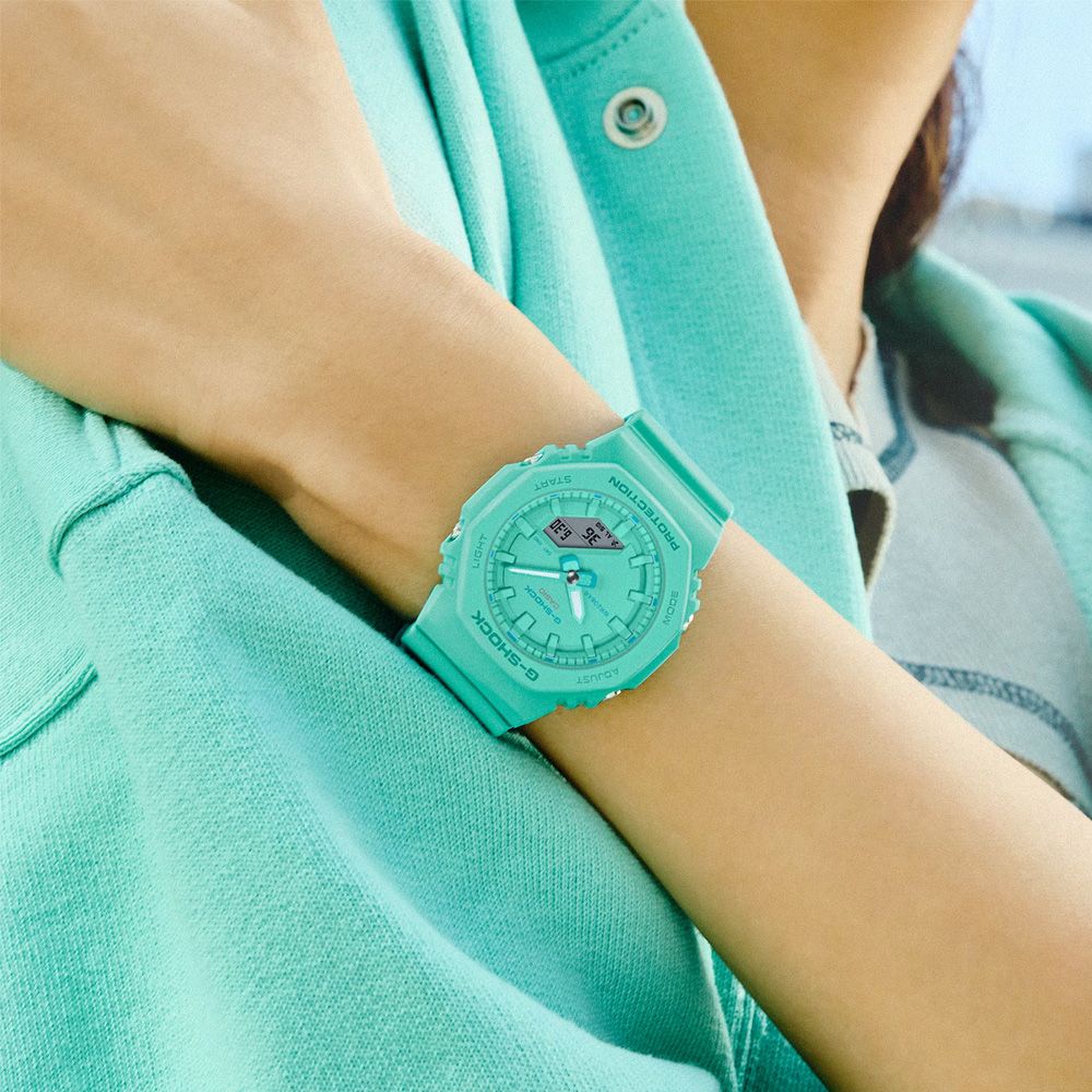 CASIO 卡西歐 G-SHOCK 時尚單色雙顯腕錶-松綠藍 母親節 禮物 推薦 GMA-P2100-2A