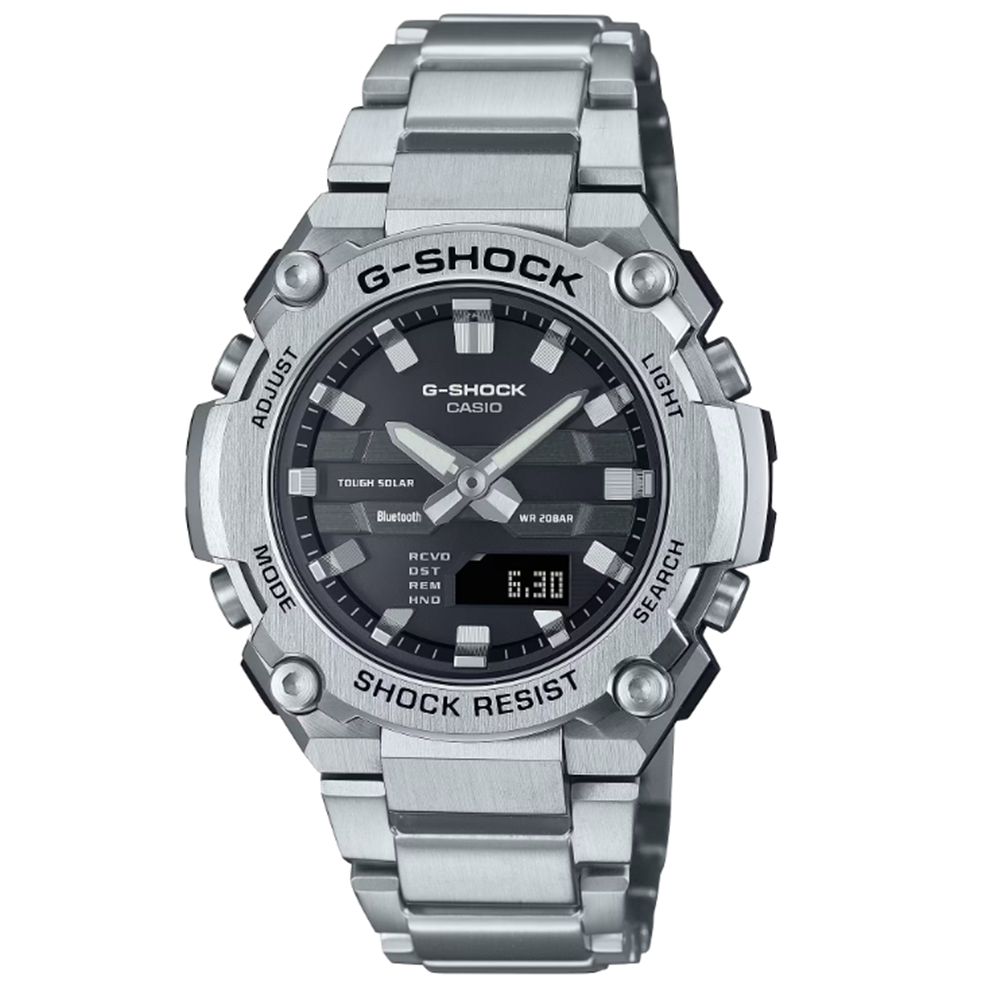 CASIO 卡西歐 G-SHOCK 藍牙 太陽能電力 金屬錶圈構造 經典銀黑 GST-B600D-1A_42.3mm