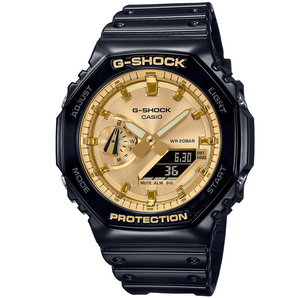 CASIO 卡西歐 G-SHOCK 黑金八角錶殼耐衝擊運動雙顯腕錶/黑x金面(GA-2100GB-1A)