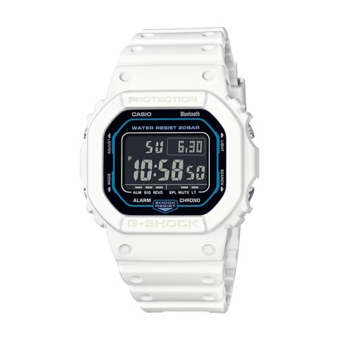 【CASIO G-SHOCK】未來科技感方形藍牙雙顯休閒運動腕錶-經典白/DW-B5600SF-7/台灣總代理公司貨享一年保固