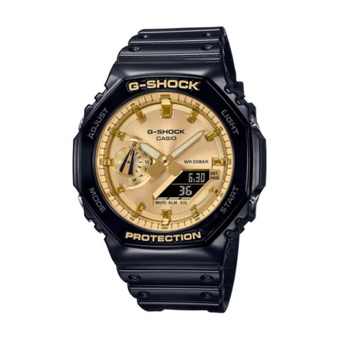 【CASIO G-SHOCK】冷豔金屬感八角雙顯腕錶-礦物金/GA-2100GB-1A/台灣總代理公司貨享一年保固