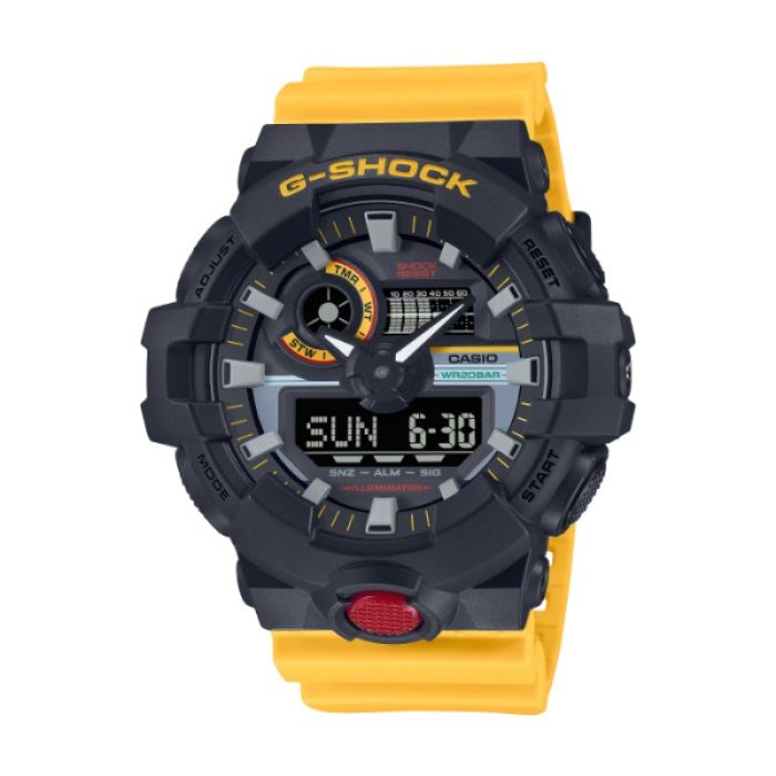  【CASIO G-SHOCK】復古錄音帶風格雙顯運動時尚腕錶-黃黑款/GA-700MT-1A9/台灣總代理公司貨享一年保固