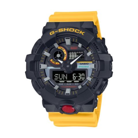 【CASIO G-SHOCK】復古錄音帶風格雙顯運動時尚腕錶-黃黑款/GA-700MT-1A9/台灣總代理公司貨享一年保固