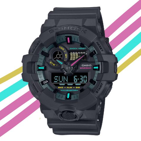 CASIO 卡西歐 G-SHOCK 酷炫霧面黑 螢光色點綴 大圓錶殼雙顯錶 GA-700MF-1A 防水200米