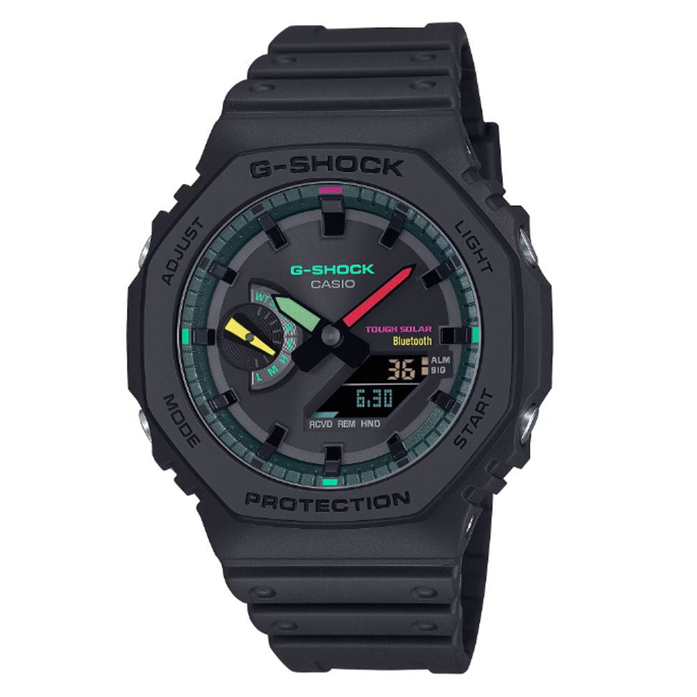 CASIO 卡西歐   G-SHOCK 酷炫霧面黑 螢光色點綴 太陽能智慧藍芽八角形雙顯錶 GA-B2100MF-1A