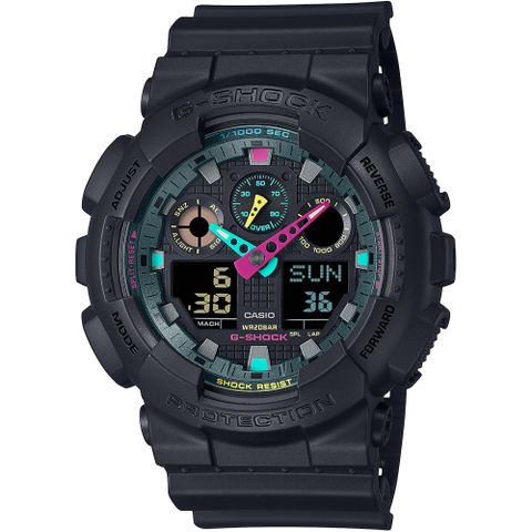 CASIO 卡西歐 G-SHOCK 霧黑螢光防磁雙顯計時錶/GA-100MF-1A