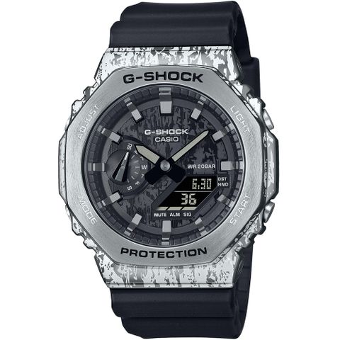 【CASIO 卡西歐】G-SHOCK 搖滾風潮八角錶殼耐衝擊運動雙顯腕錶/黑x銀框(GM-2100GC-1A)