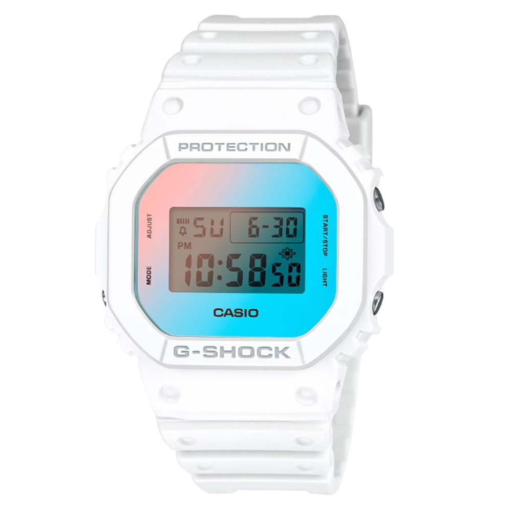 CASIO 卡西歐 G-SHOCK 反射錶面 夏日海灘 耀藍漸變 酷炫多彩 百搭純白 DW-5600TL-7_42.8mm