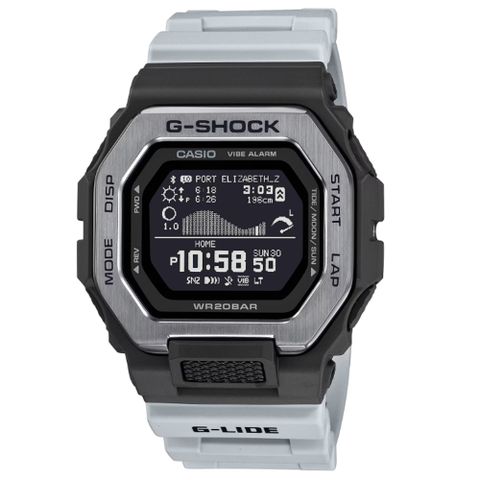 【CASIO 卡西歐】G-SHOCK 藍牙 衝浪運動 沙灘灰白 雙重材質錶圈 運動系列 GBX-100-8_46mm