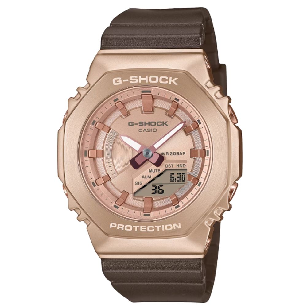 CASIO 卡西歐 G-SHOCK 優雅奢華 蜜桃粉金 個性棕 金屬錶殼 八角形錶殼 GM-S2100CB-5A_40.4mm