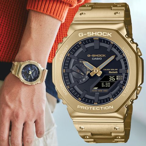 CASIO 卡西歐 G-SHOCK 太陽能藍芽全金屬八角造型計時錶/金/GM-B2100GD-9A