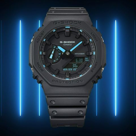 CASIO 卡西歐 G-SHOCK 螢光霓虹系列八角造型計時錶/藍/GA-2100-1A2