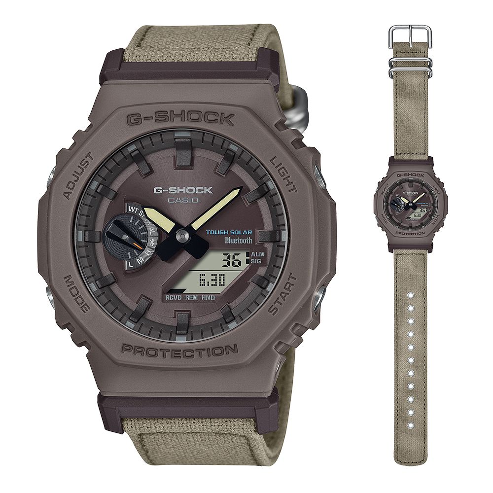 CASIO 卡西歐  G-SHOCK 環保布質太陽能藍芽八角造型計時錶/卡其/GA-B2100CT-5A