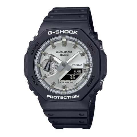 【CASIO 卡西歐】G-SHOCK 潮流魅力八角錶殼耐衝擊運動雙顯腕錶 黑銀 GA-2100SB-1A_45.4mm