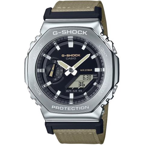 CASIO 卡西歐 原廠公司貨1年保固 G-SHOCK 金屬X帆布八角造型計時錶/卡其/GM-2100C-5A