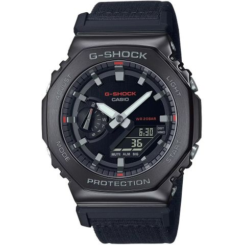 CASIO 卡西歐 G-SHOCK 金屬X帆布八角造型計時錶/黑色/GM-2100CB-1A