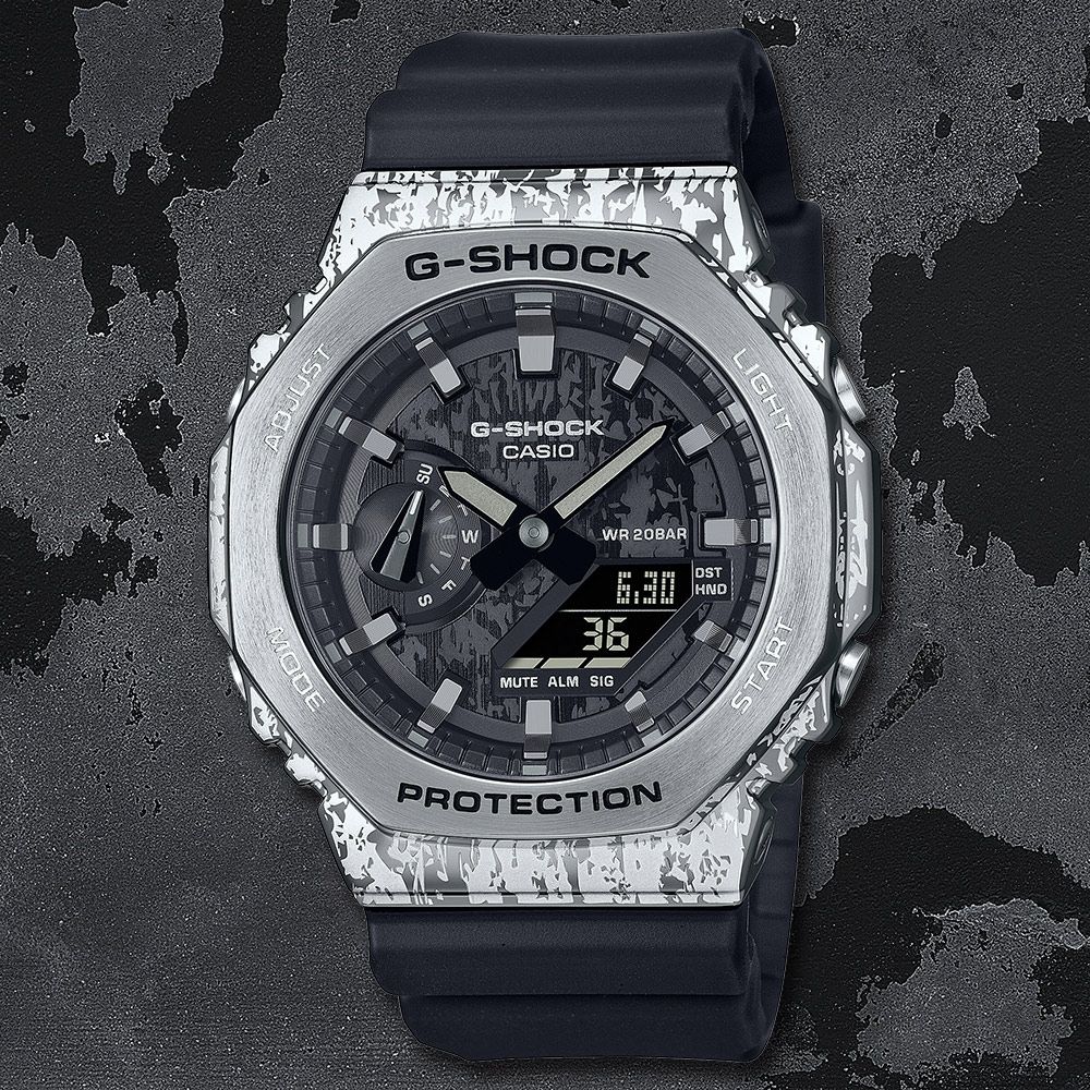 CASIO 卡西歐  G-SHOCK 斑駁金屬八角造型計時錶/銀/GM-2100GC-1A