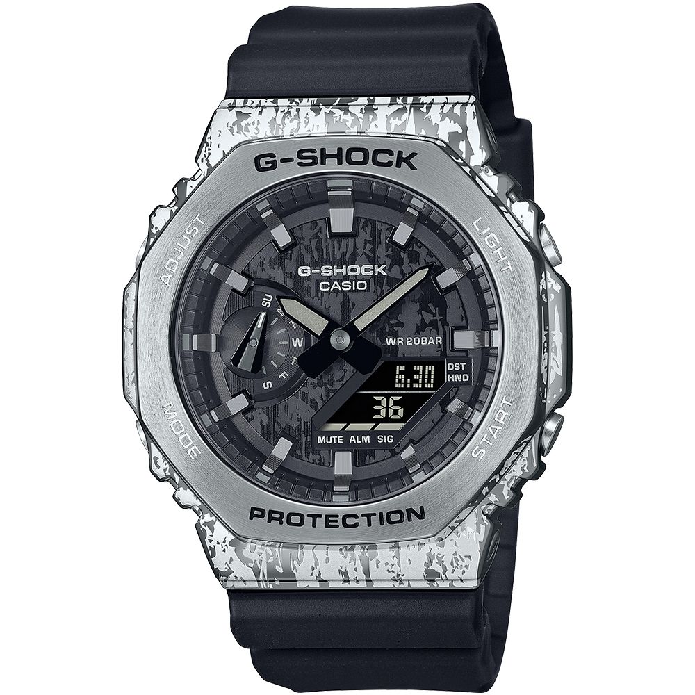 CASIO 卡西歐  G-SHOCK 斑駁金屬八角造型計時錶/銀/GM-2100GC-1A