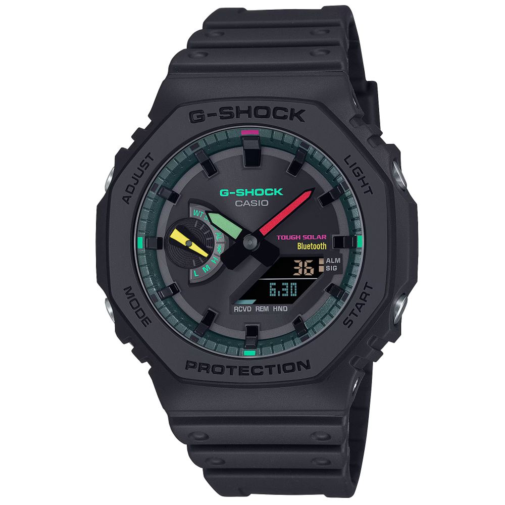 CASIO 卡西歐 G-SHOCK 經典八角錶殼 太陽能x藍牙連線 時尚螢光色彩 雙顯腕錶 禮物推薦 送禮首選 GA-B2100MF-1A