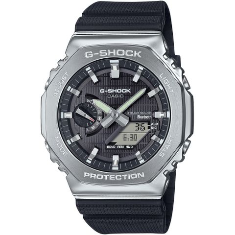 CASIO 卡西歐 G-SHOCK 太陽能藍芽金屬八角計時錶/黑/GBM-2100-1A