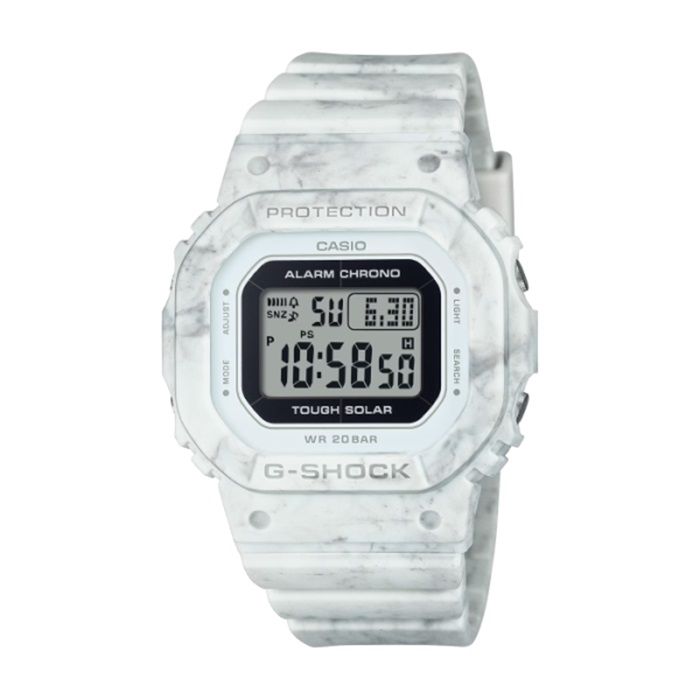  【CASIO G-SHOCK】大理石紋纖薄方形電子腕錶-石灰白/GMS-S5600RT-7/台灣總代理公司貨享一年保固