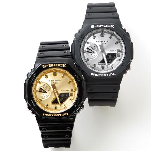 CASIO 卡西歐 G-SHOCK 閃耀金屬八角造型計時對錶 (GA-2100GB-1A+GA-2100SB-1A)