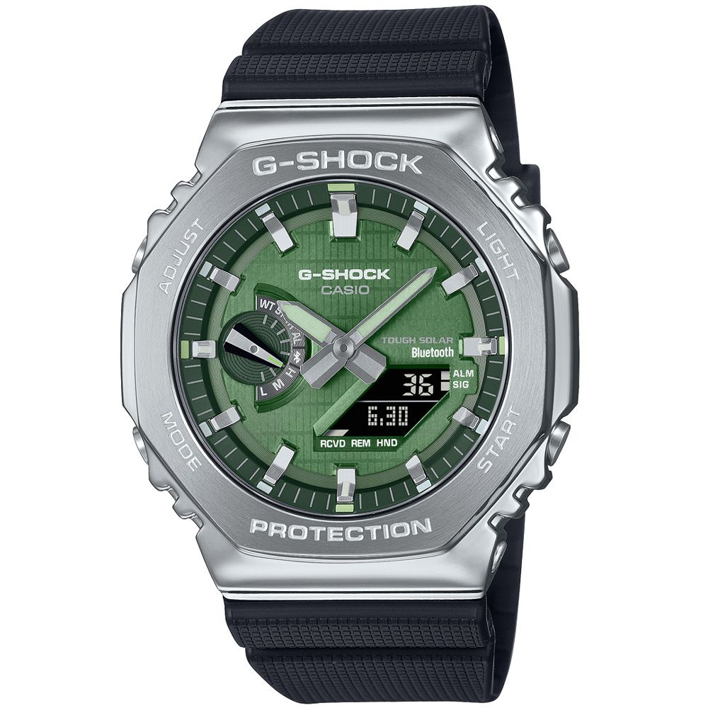 CASIO 卡西歐 G-SHOCK 潮流藍黑八角錶殼耐衝擊運動太陽能藍牙雙顯腕錶/黑x藍面(GBM-2100A-1A2)