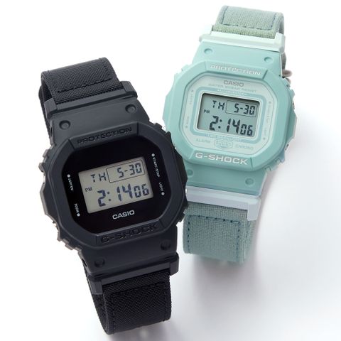 CASIO 卡西歐 G-SHOCK 環保尼龍經典方形計時對錶 (DW-5600BCE-1+GMD-S5600CT-3)