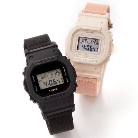 CASIO 卡西歐 G-SHOCK 環保尼龍經典方形計時對錶 (DW-5600BCE-1+GMD-S5600CT-4)