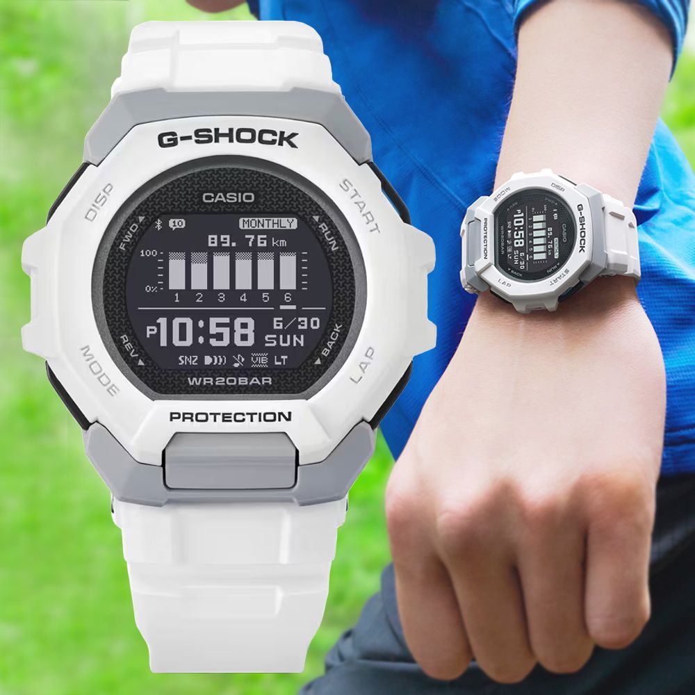 CASIO 卡西歐 G-SHOCK G-SQUAD 跑步訓練 藍芽手機連結 多功能運動錶-白 GBD-300-7